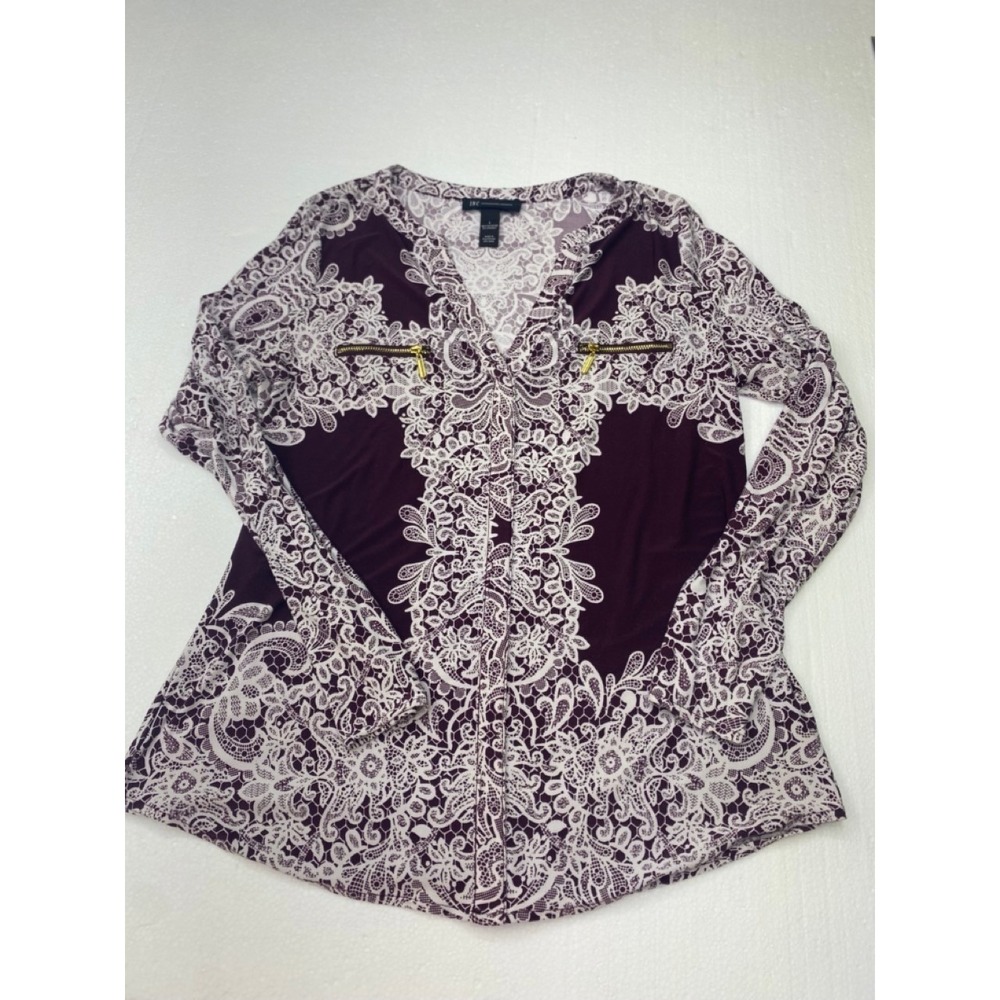 INC International Concepts Womens Burgundy Lace Print Zip Neck Blouse Top
